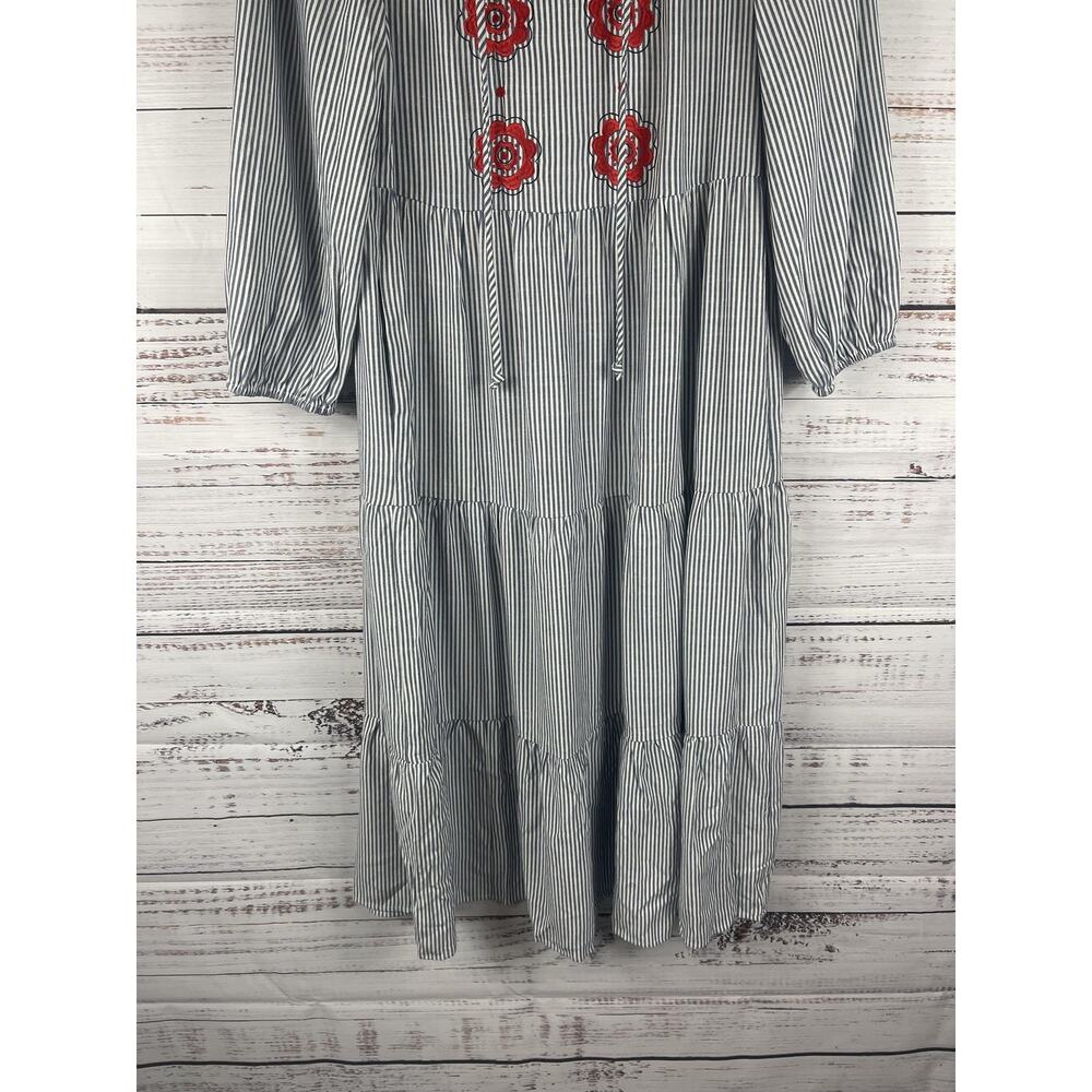 New Collection Dress Womens Small Blue Stripe Embroidered Floral Boho Swing Maxi - Picture 3 of 10
